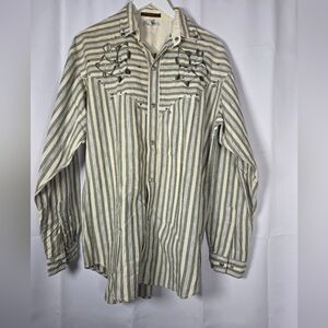 Vintage Freego Western Shirt Women's S Snap Front Green Tan Stripe Oversized